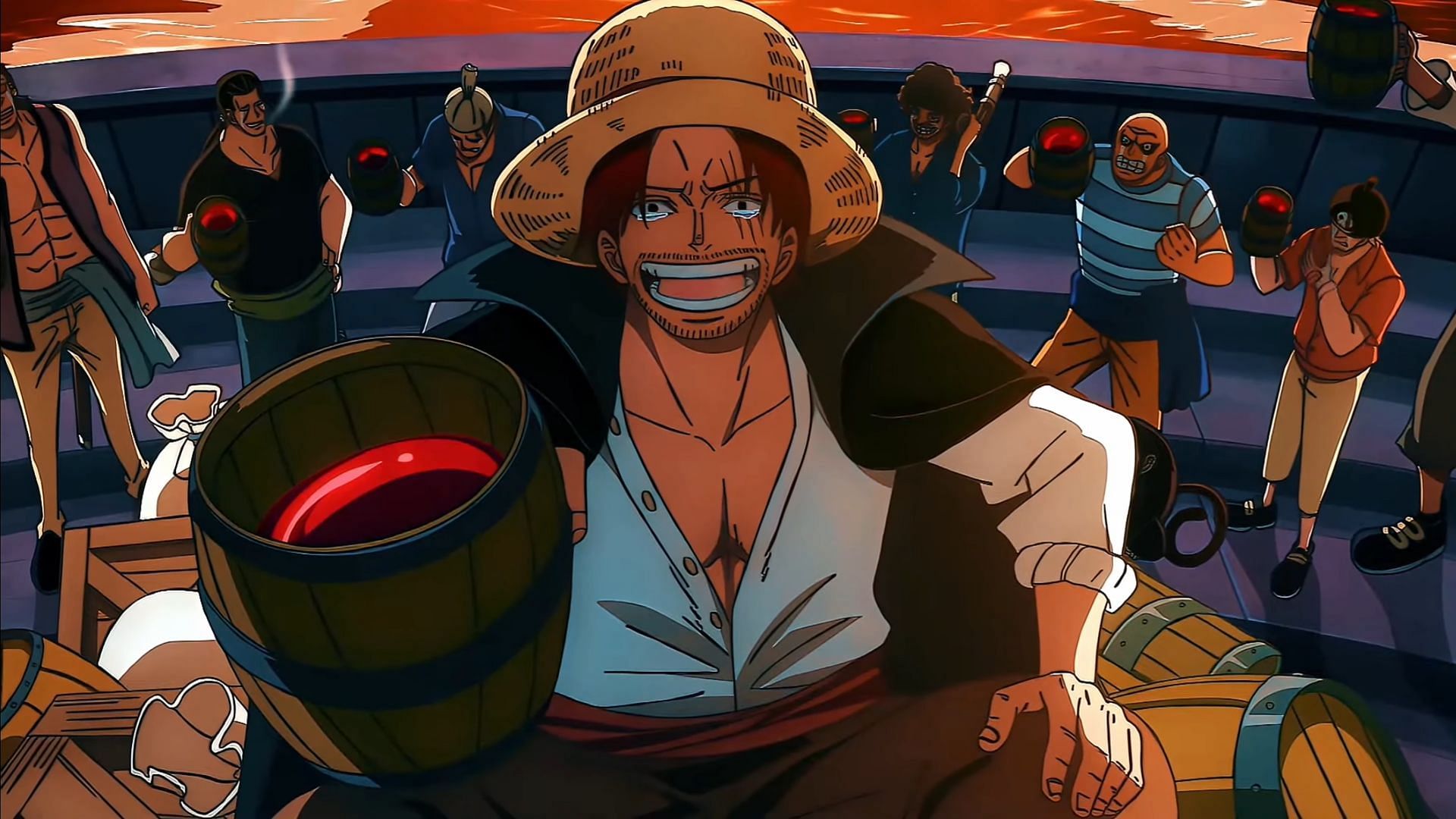 Shanks with the Red Hair Pirates in One Piece (Image via Toei Animation)